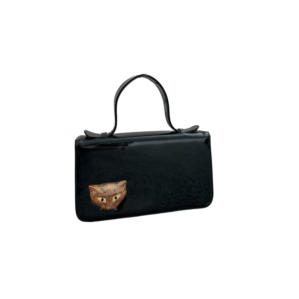 Vintage 1950s 1960s Paristyle Black Patent Leather Handbag With Gold Cat Face